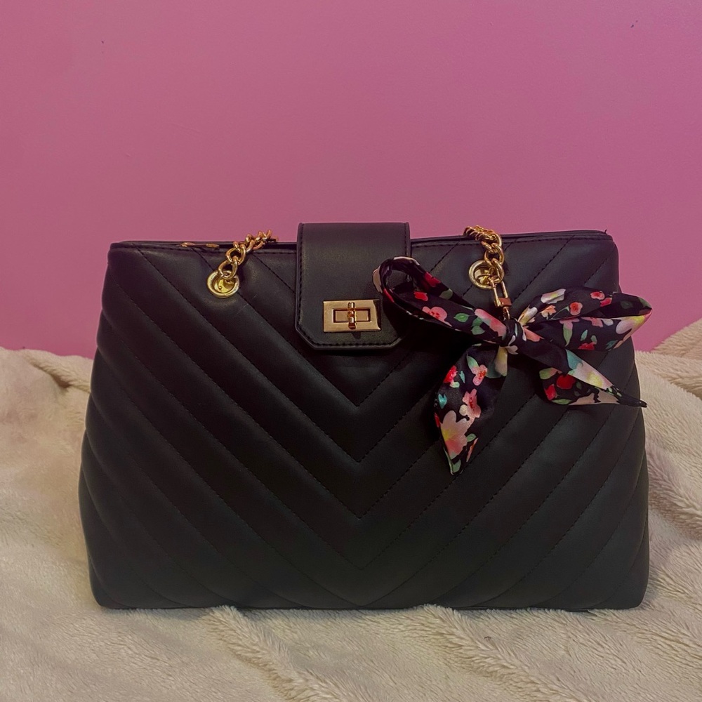 Ardene Black Quilted Tote with Gold Chain Handles and Floral Scarf Accent